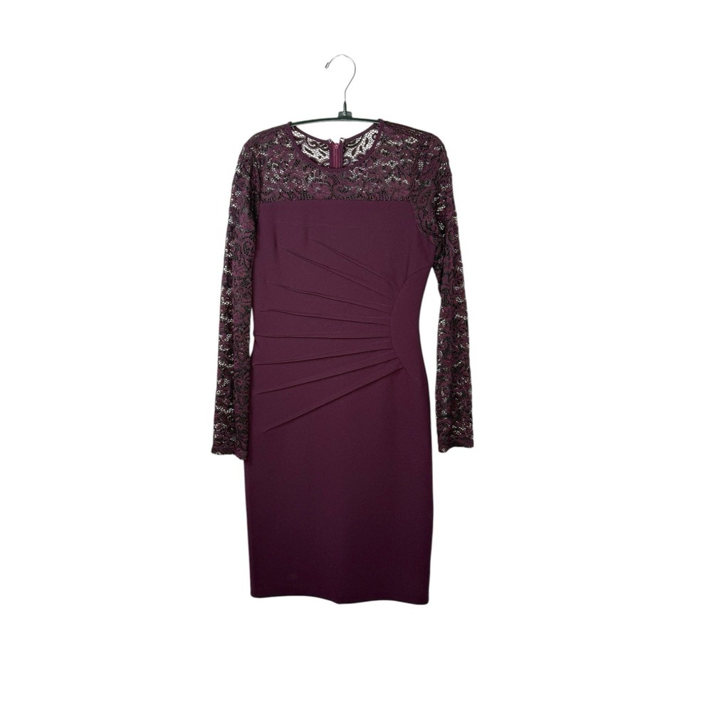 Deep Plum Sunburst Ruched Bodycon Dress Dark Vampy Romance Lace Sleeves Sz 2
